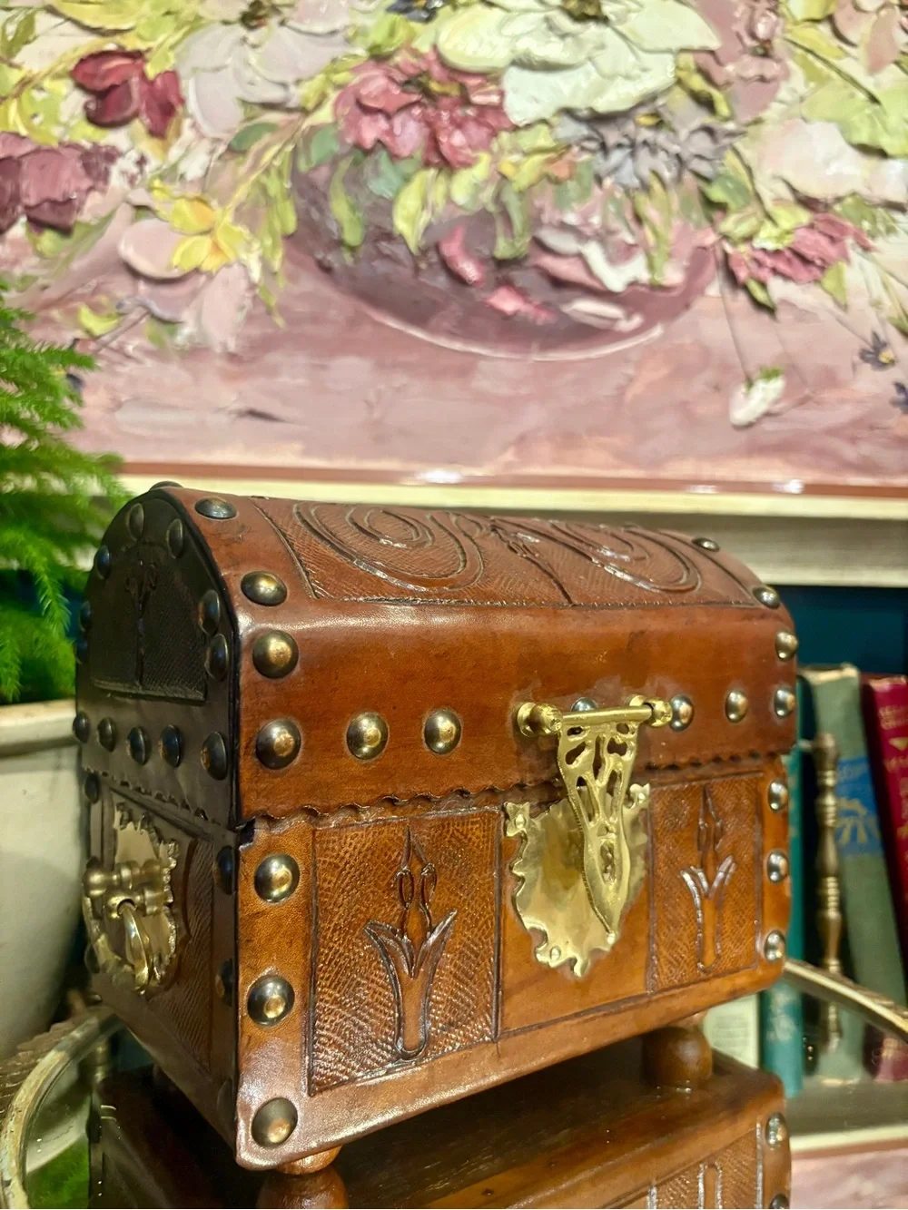Vintage Brown Leather Jewelry Trunk with Brass Hardware